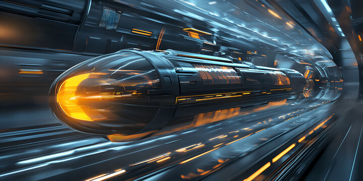 Hyperloop Transportation: Futuristic high-speed transportation pod gliding through a sleek, illuminated hyperloop tunnel.  The image evokes a sense of speed, innovation, and the future of travel. 