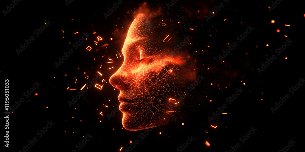 Poster fiery transformation: abstract portrait of a woman's face rendered in fiery embers and particles, cr