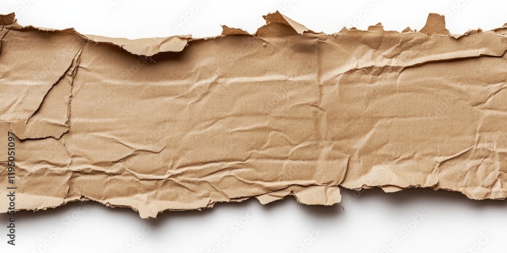 Aufkleber torn cardboard fragment in warm brown tones positioned horizontally on a clean white background show