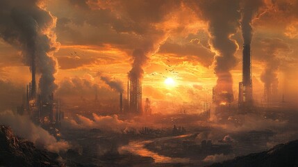 Fototapeta premium Industrial pollution clouding the sky, with carbon emissions contributing to the global warming crisis and deteriorating environmental conditions