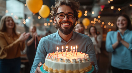 Businessman celebrating his birthday in an office environment, holding a cake with lit candles surrounded by colleagues. 