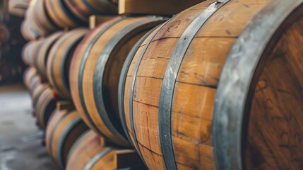 wine cellar with many barriques and casks for aging red wine. Wine cellar with wooden barrels. Winery. Wine production.	
