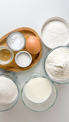 Baking preparation concept with milk, eggs, flour, and sugar displayed on a table for perfect holiday recipes