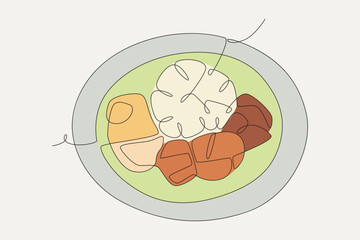 Colored beef rendang concept one-line drawing