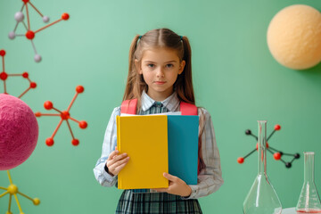 Schoolgirl holding books in a science-themed classroom