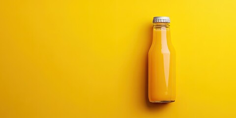 Fresh orange juice bottle with silver cap positioned on the right side against a vibrant yellow backdrop creating a bright, cheerful atmosphere