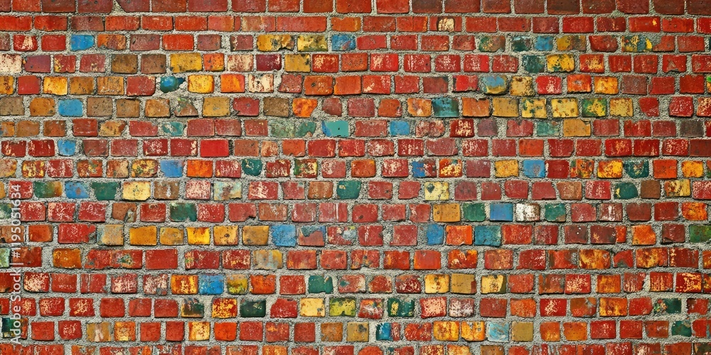 Poster textured brick wall featuring a colorful array of red, yellow, green, and blue bricks arranged in a 