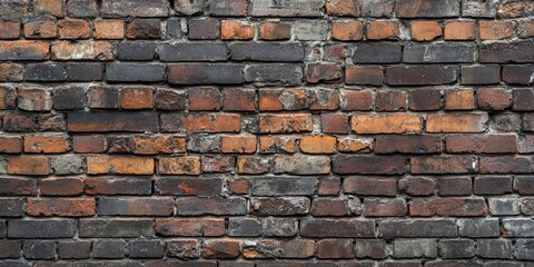 Obraz premium Textured brick wall featuring dark gray, deep red, and burnt orange bricks in a layered, uneven arrangement providing a rustic background.