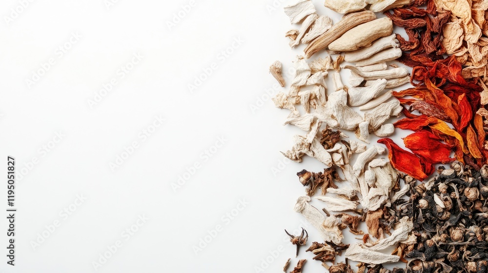 Poster isolated dried chinese herbs captured in a macro shot against a white backdrop, focusing on the intr