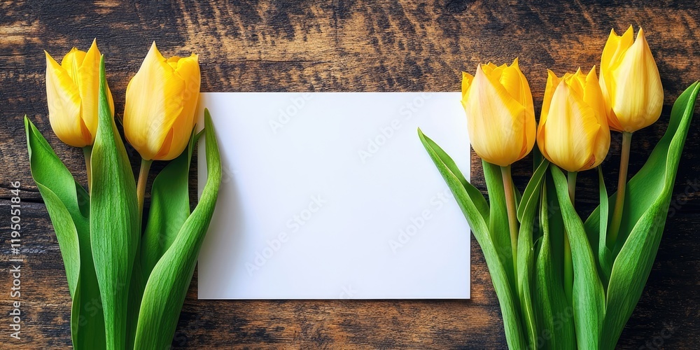 Poster bright yellow tulips arranged along the edge of a blank white paper on a rustic wooden table with am