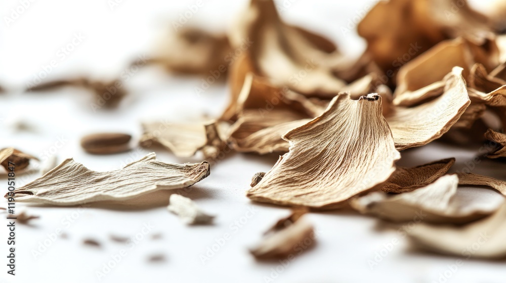 Poster isolated dried chinese herbs captured in a macro shot against a white backdrop, focusing on the intr