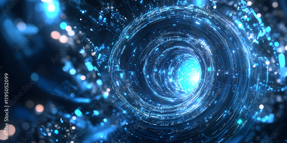 Poster celestial vortex: an abstract swirling vortex of vibrant blue light, creating a mesmerizing tunnel o