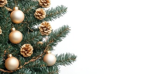 Fototapeta premium Christmas tree branch with gold ornaments and pine cones on the left side against a white background featuring green needles and golden accents