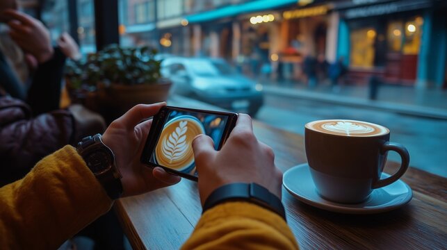 friends in a trendy cafe, sitting at a table and sharing photos from their smartphones, with their smartwatches