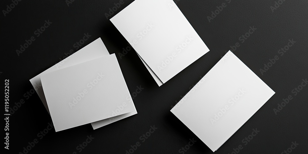 Aufkleber minimalistic white business cards arranged at angles on a deep black background emphasizing strong c