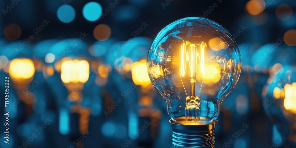 Poster illuminated vintage light bulb in sharp focus against a blurred background of multiple glowing bulbs