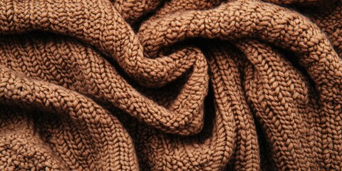 Fototapeta premium Cozy brown knitted fabric texture with intricate patterns and soft folds positioned centrally creating a warm and inviting aesthetic for knitwear design