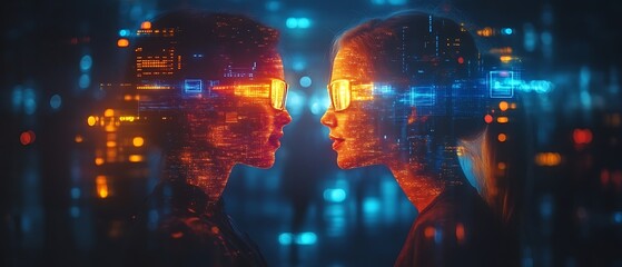 Futuristic women face to face, digital overlay.