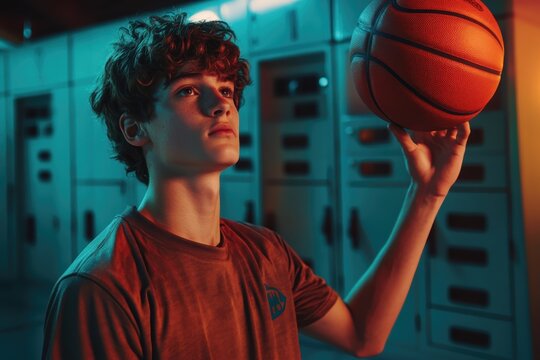 Teen boy spinning basketball under neon lights