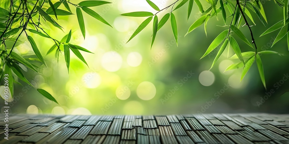 Aufkleber bokeh background with bamboo paving in foreground and lush green leaves above creating a serene, pea