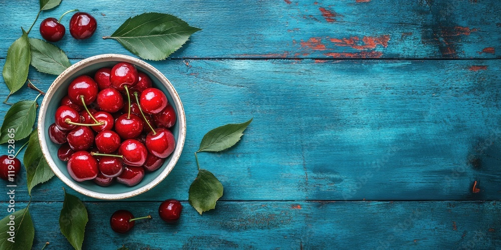 Aufkleber bowl of ripe red cherries centered on a turquoise rustic wooden table surrounded by green leaves wit