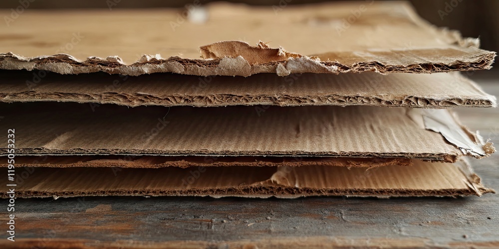 Poster stack of worn cardboard sheets with frayed edges in brown tones resting on a rustic wooden surface h