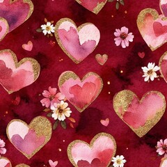 Vibrant Watercolor Hearts Pattern Celebrating Chinese New Year with Festive Colors in Red and Pink, Perfect for Decorations and Invitations