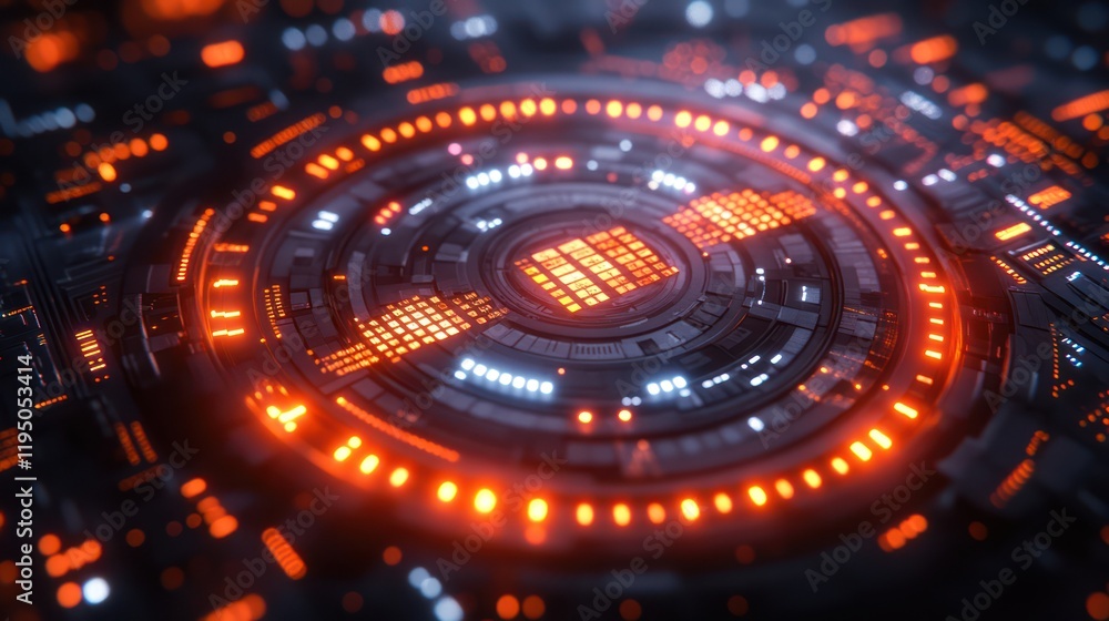 Poster futuristic technology interface: abstract circular glowing circuit board