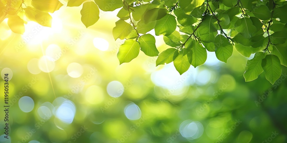Poster bokeh effect with vibrant green leaves and warm sunlight creates a soft abstract backdrop with ample