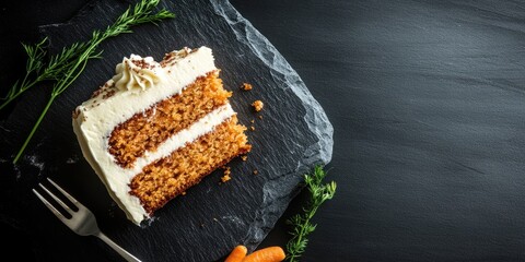 Carrot cake slice on aged slate backdrop with cream frosting, topped with herbs and carrots, positioned diagonally for an appealing display.
