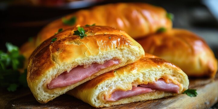 Cachito ham pastry on wooden board with golden brown crust and green herbs accents showcasing traditional Venezuelan cuisine in vibrant detail