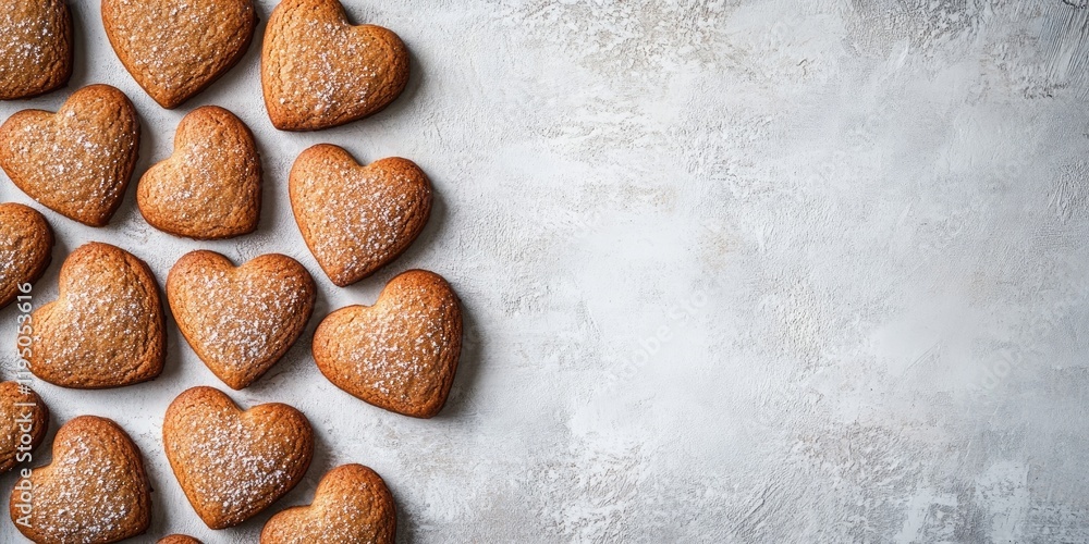 Aufkleber heart-shaped gingerbread cookies arranged on a light grey textured backdrop in a top view layout cre