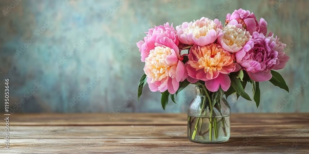 Poster peony flower bouquet in a clear glass vase on a rustic wooden table with a soft blue-green backgroun