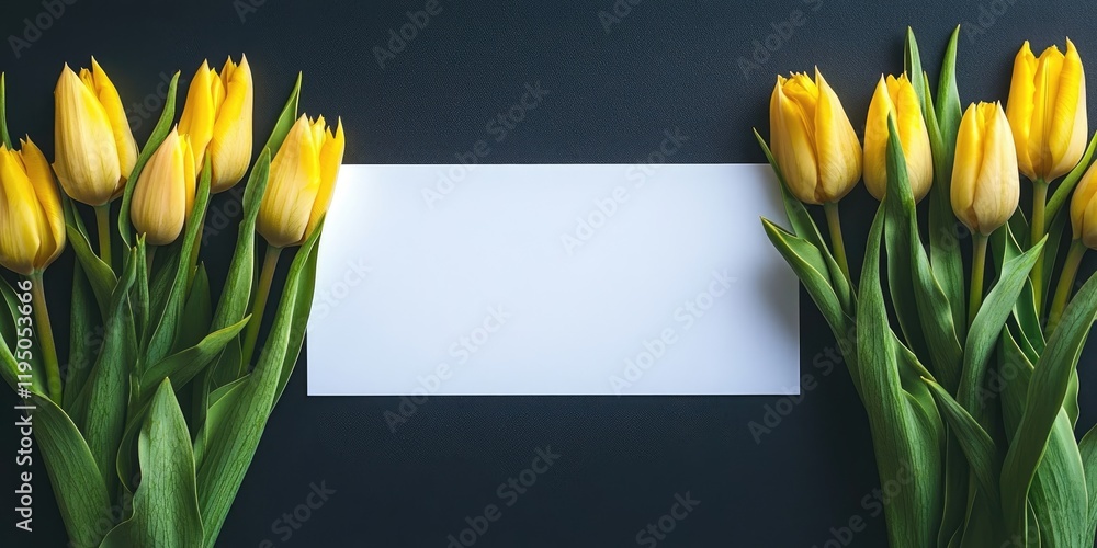 Poster yellow tulips arranged symmetrically on both sides of a blank white paper in the center contrasting 