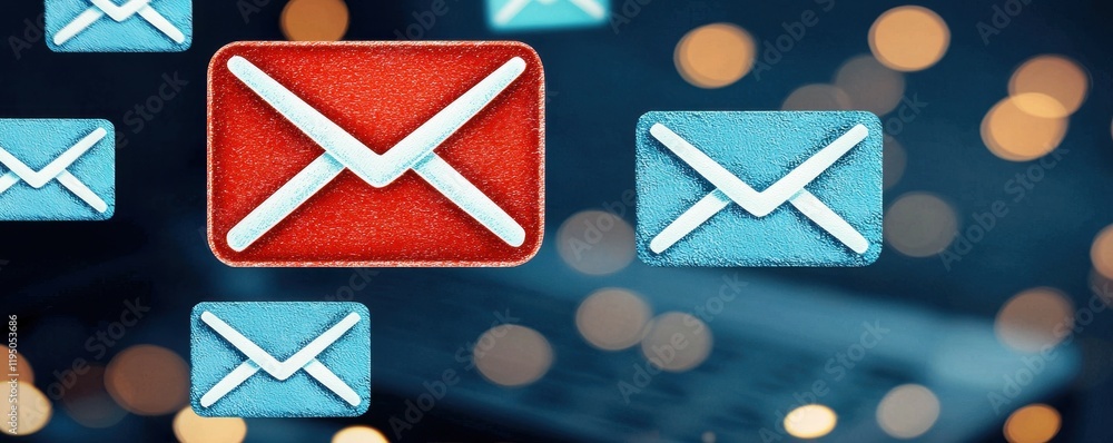 Poster digital communication email icons red and blue envelope symbols abstract background network