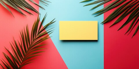 Colorful business card mockup centered on a vibrant yellow background surrounded by green palm leaves on contrasting red and blue sections.