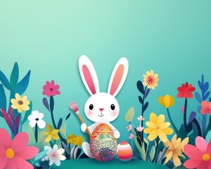 Obraz premium Adorable bunny painting intricate patterns on an egg in a floral garden
