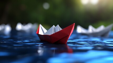 Red Origami Boat Leading a Fleet on Serene Waters