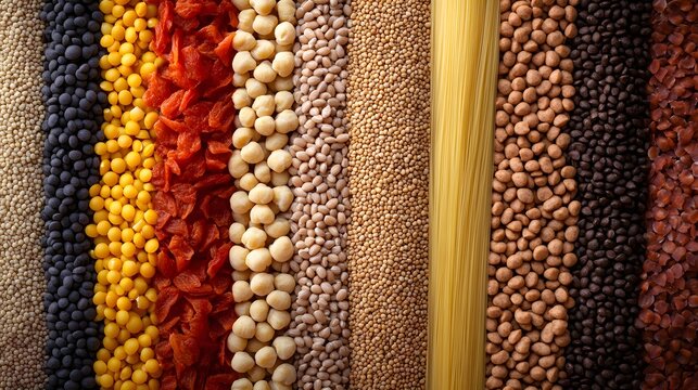 Diverse array of grains, legumes, and pasta displayed in organized rows for culinary use