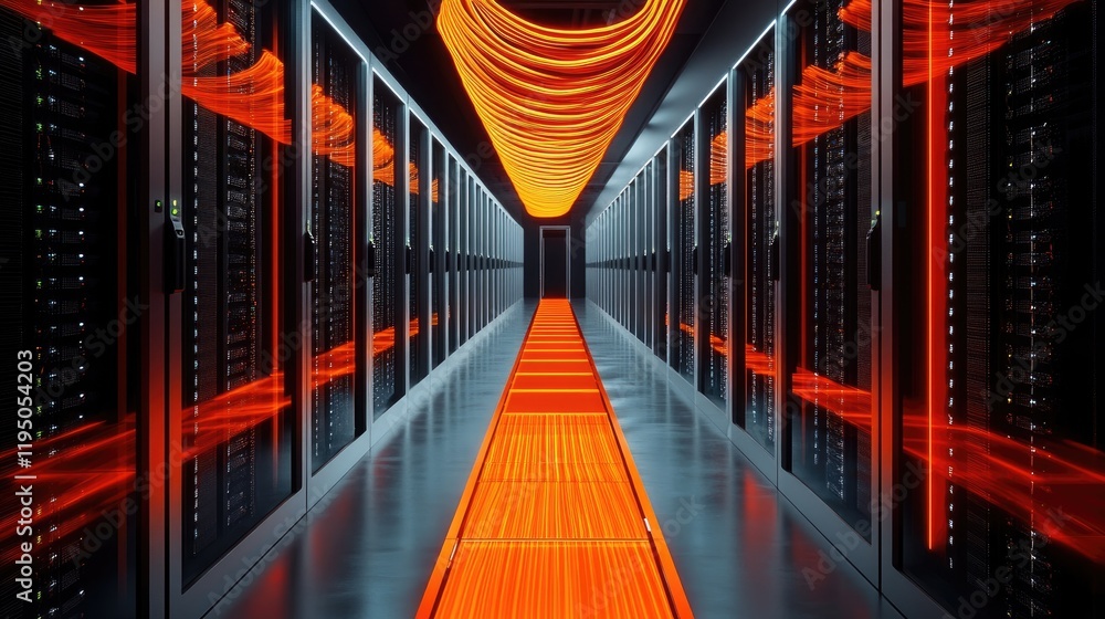 Poster Rows of servers and bright orange cables in a high-tech server room, showcasing the complex data storage and processing network of a modern technological environment.