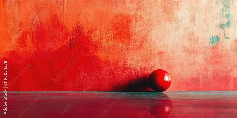 Poster vibrant red wall with textured gradient and shiny red ball positioned on the floor reflecting light 