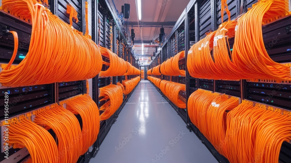 Poster Rows of servers and bright orange cables in a high-tech server room, showcasing the complex data storage and processing network of a modern technological environment.