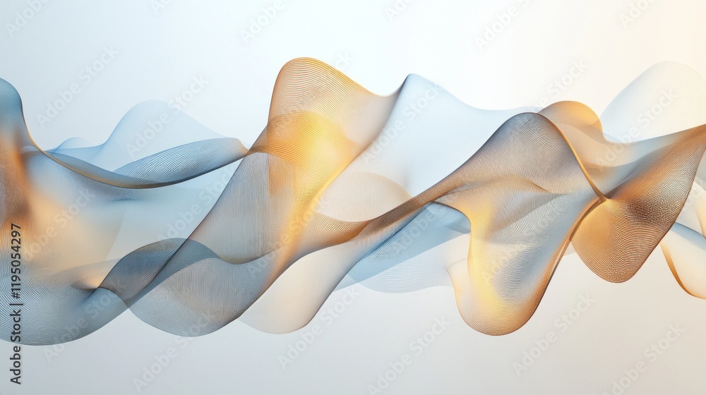 Poster Flowing waveforms in soft, muted colors weave together in a captivating display at twilight. The graceful curves emanate a serene energy, evoking a sense of calm