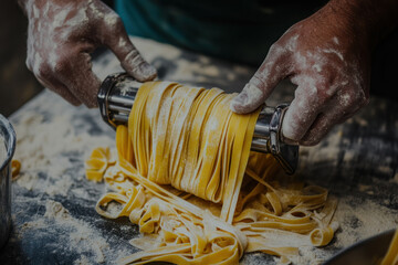 Person using metal pasta cutter. Making fresh pasta.