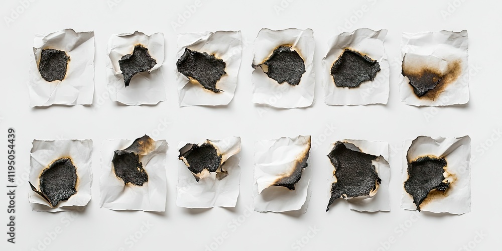 Poster burnt holes in crumpled white paper arranged in two rows with irregular blackened edges set against 