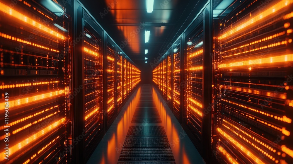 Poster Rows of servers and bright orange cables in a high-tech server room, showcasing the complex data storage and processing network of a modern technological environment.
