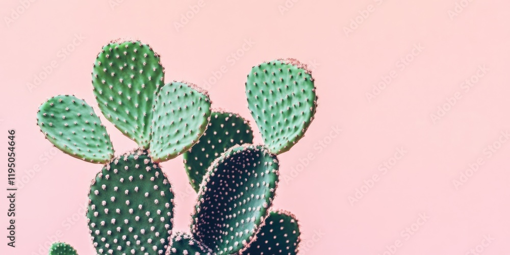 Poster cactus with rounded green pads and white spines positioned left on a soft pink backdrop creating a v
