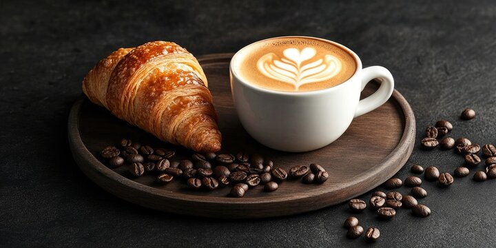 Cappuccino with heart latte art in a white cup on a wooden plate with croissant and scattered coffee beans on a dark textured background