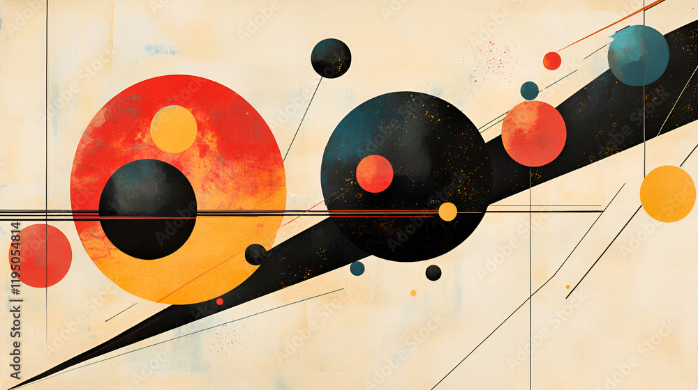 Poster abstract composition:circles and lines: a captivating abstract artwork featuring a dynamic interplay