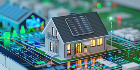 Obraz premium Model Smart Home with Solar Panels on Digital Circuit Board